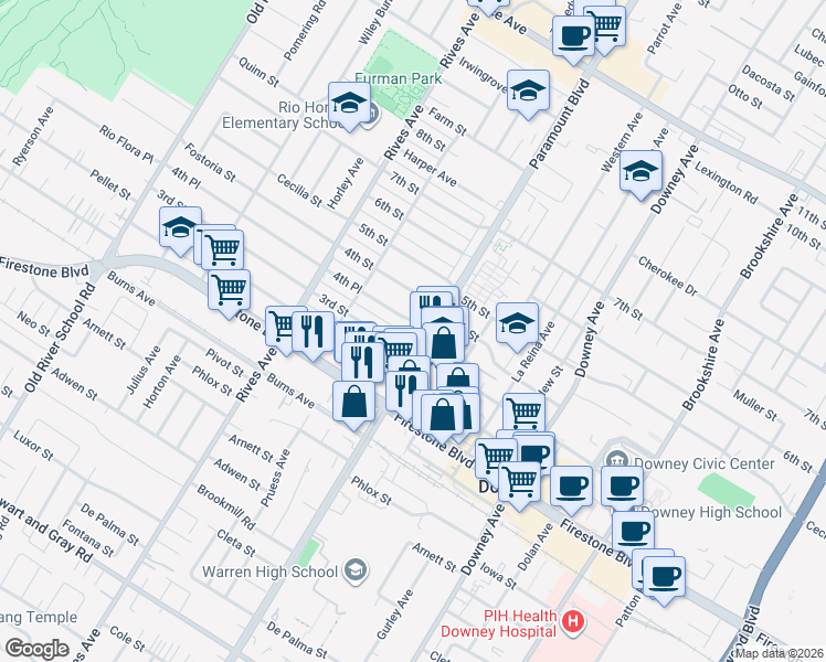 map of restaurants, bars, coffee shops, grocery stores, and more near 7972 4th Place in Downey