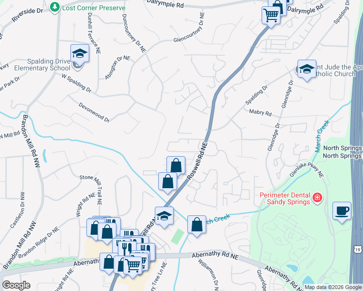 map of restaurants, bars, coffee shops, grocery stores, and more near 6977 Roswell Road in Sandy Springs