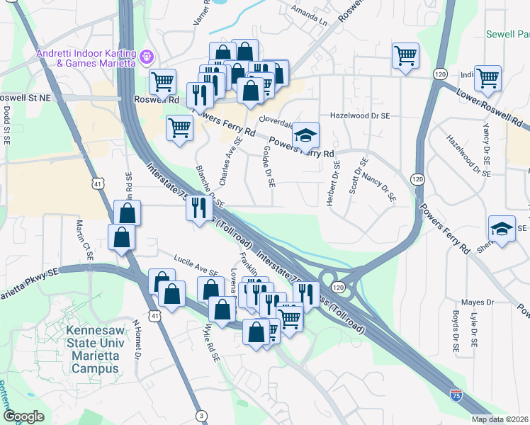 map of restaurants, bars, coffee shops, grocery stores, and more near 1480 Blanche Drive Southeast in Marietta