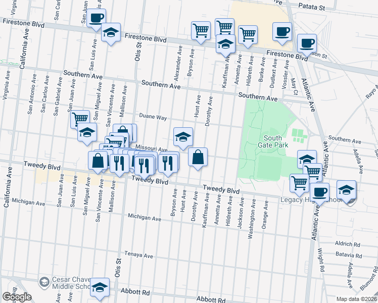map of restaurants, bars, coffee shops, grocery stores, and more near 9641 Hunt Avenue in South Gate