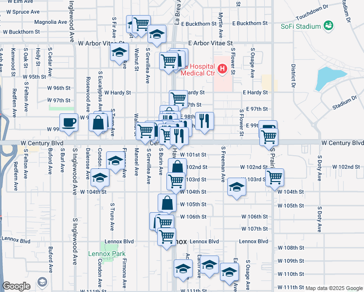 map of restaurants, bars, coffee shops, grocery stores, and more near 10012 Hawthorne Boulevard in Inglewood