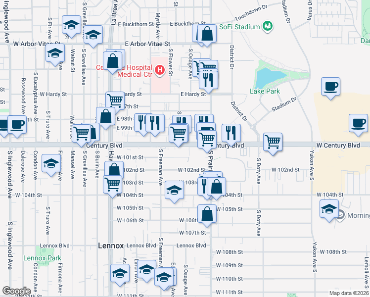 map of restaurants, bars, coffee shops, grocery stores, and more near 4040 West Century Boulevard in Inglewood