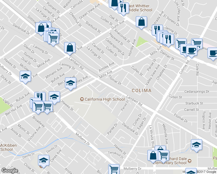 map of restaurants, bars, coffee shops, grocery stores, and more near 9602 Regatta Avenue in Whittier