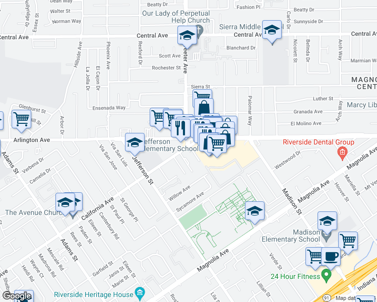 map of restaurants, bars, coffee shops, grocery stores, and more near 7726 California Avenue in Riverside