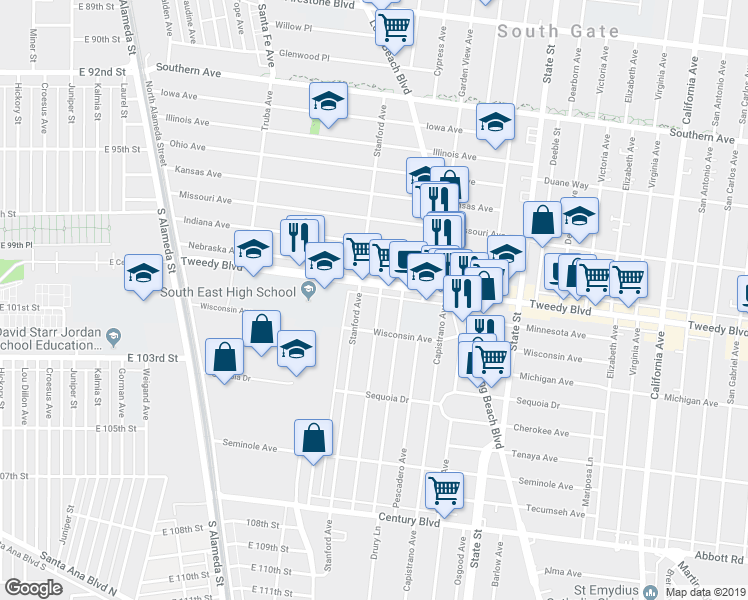 map of restaurants, bars, coffee shops, grocery stores, and more near 9933 San Anselmo Avenue in South Gate