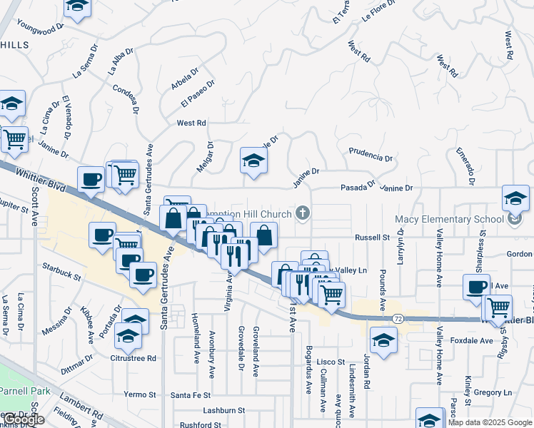 map of restaurants, bars, coffee shops, grocery stores, and more near 10123 Groveside Avenue in Whittier