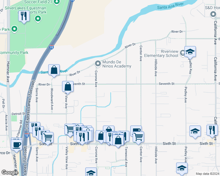 map of restaurants, bars, coffee shops, grocery stores, and more near 1014 7th Street in Norco