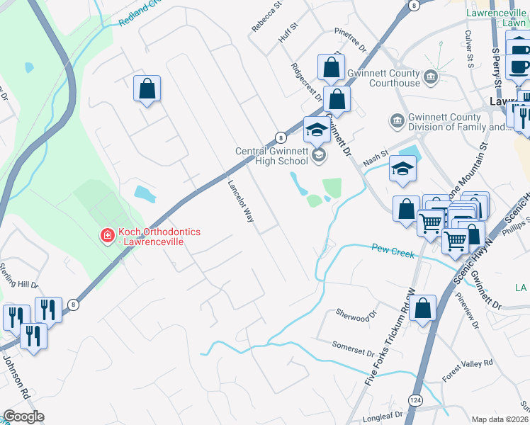 map of restaurants, bars, coffee shops, grocery stores, and more near 172 King Arthur Drive in Lawrenceville