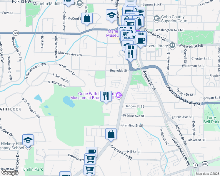 map of restaurants, bars, coffee shops, grocery stores, and more near 524 Henry Drive Southwest in Marietta