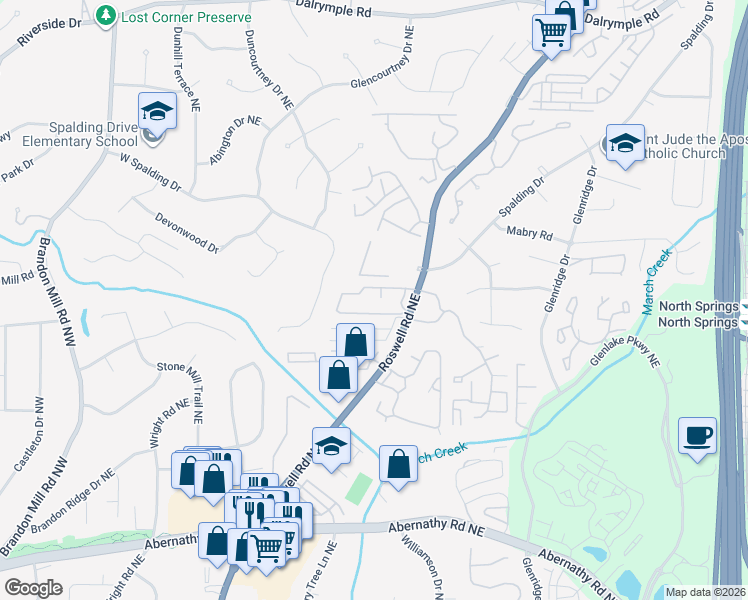 map of restaurants, bars, coffee shops, grocery stores, and more near 6977 Roswell Road in Sandy Springs