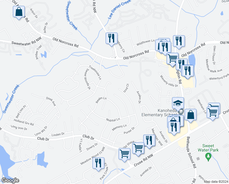 map of restaurants, bars, coffee shops, grocery stores, and more near 1167 Memory Lane in Lawrenceville