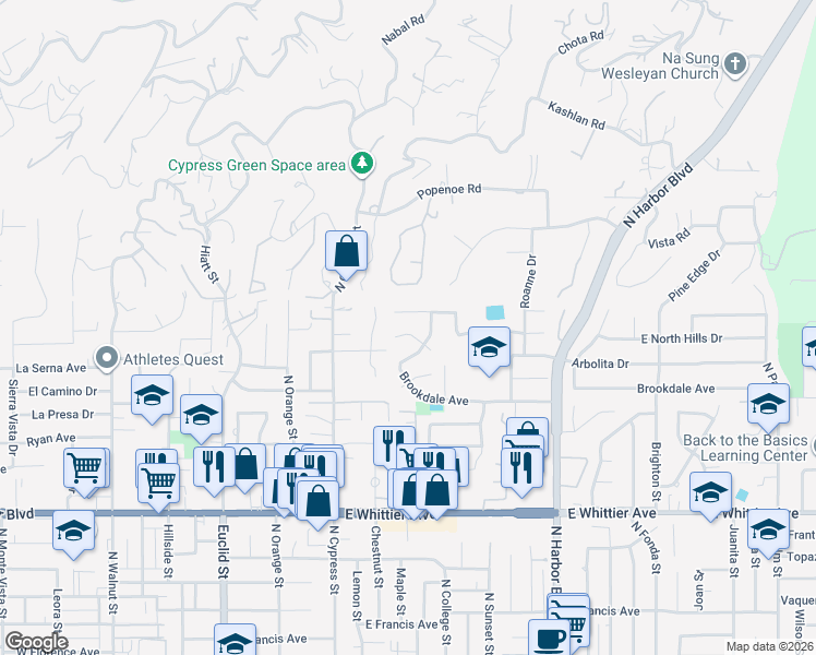 map of restaurants, bars, coffee shops, grocery stores, and more near 631 Ember Lane in La Habra