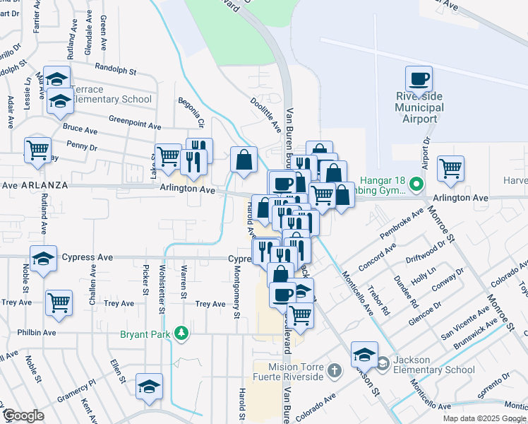 map of restaurants, bars, coffee shops, grocery stores, and more near 6350 Van Buren Boulevard in Riverside