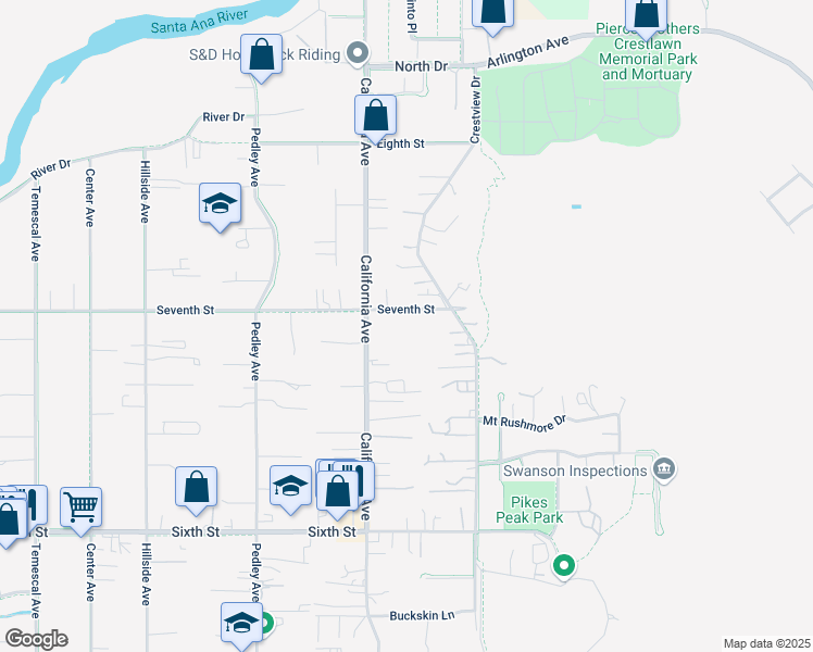 map of restaurants, bars, coffee shops, grocery stores, and more near 222 7th St in Norco