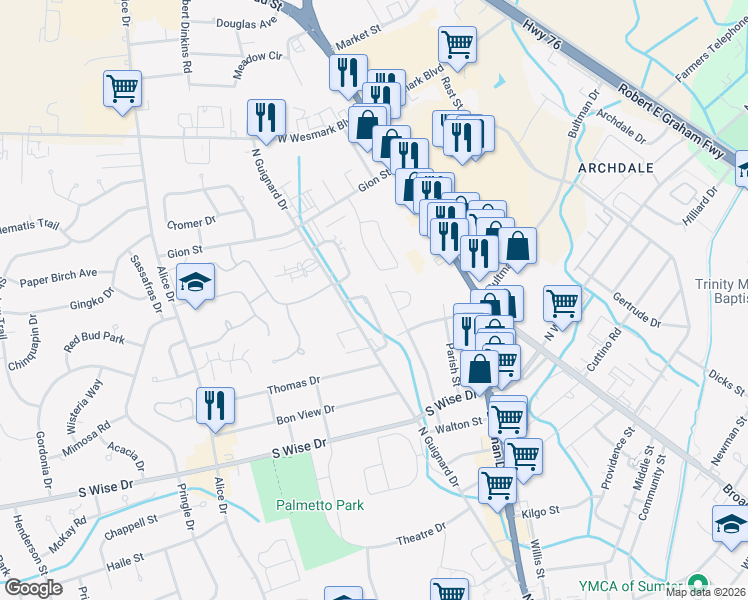 map of restaurants, bars, coffee shops, grocery stores, and more near 1960 Coral Way in Sumter