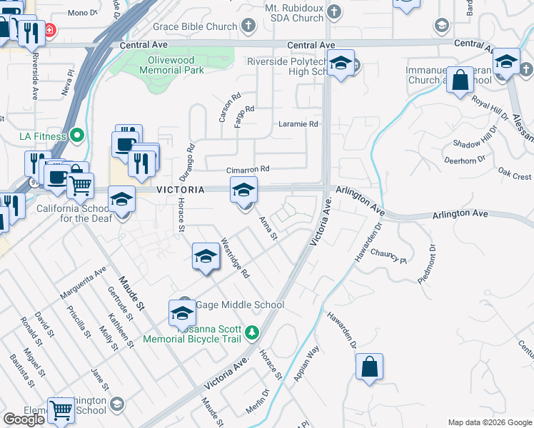 map of restaurants, bars, coffee shops, grocery stores, and more near 2934 Hyde Park Circle in Riverside