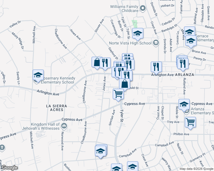 map of restaurants, bars, coffee shops, grocery stores, and more near 10383 Gould Street in Riverside