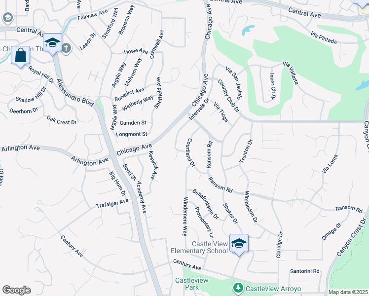 map of restaurants, bars, coffee shops, grocery stores, and more near 5947 Courtland Drive in Riverside