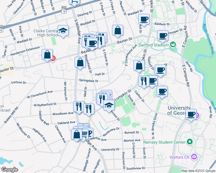 map of restaurants, bars, coffee shops, grocery stores, and more near 200 East Cloverhurst Avenue in Athens