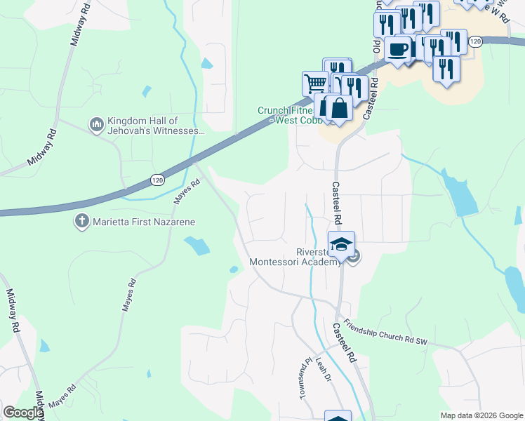 map of restaurants, bars, coffee shops, grocery stores, and more near 3794 Skyland Court Southwest in Marietta