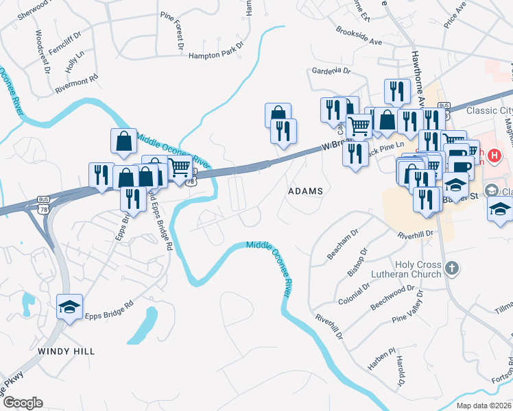 map of restaurants, bars, coffee shops, grocery stores, and more near 195 Sycamore Drive in Athens