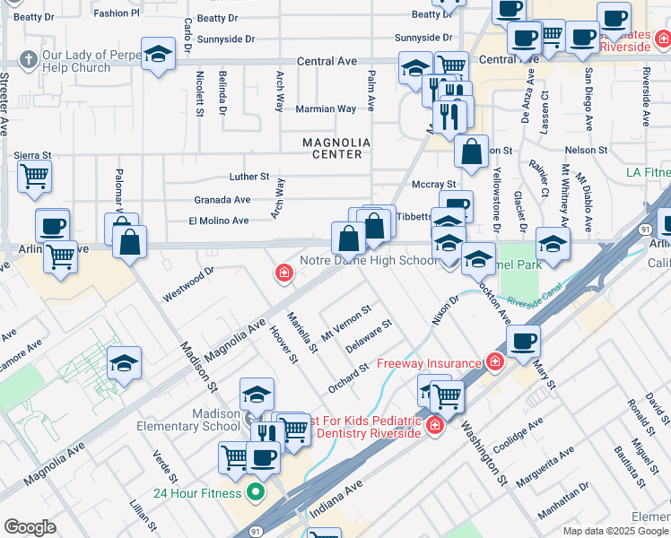 map of restaurants, bars, coffee shops, grocery stores, and more near 7167 Magnolia Avenue in Riverside