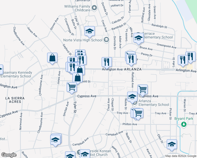 map of restaurants, bars, coffee shops, grocery stores, and more near 10073 Gould Street in Riverside