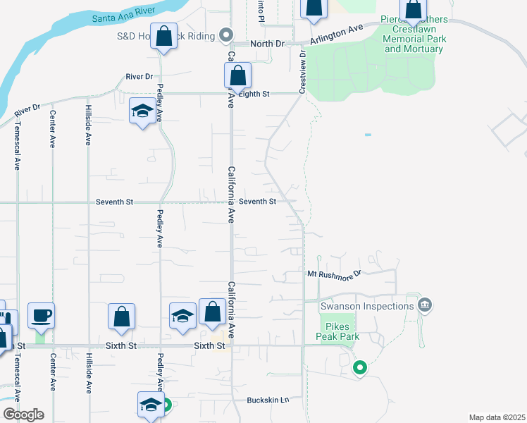 map of restaurants, bars, coffee shops, grocery stores, and more near 222 7th Street in Norco