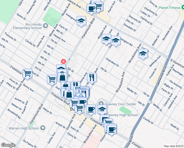 map of restaurants, bars, coffee shops, grocery stores, and more near 10715 New Street in Downey