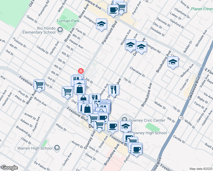 map of restaurants, bars, coffee shops, grocery stores, and more near 10715 New Street in Downey