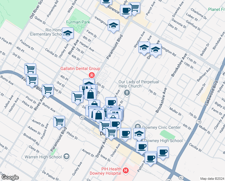 map of restaurants, bars, coffee shops, grocery stores, and more near 8143 5th Street in Downey