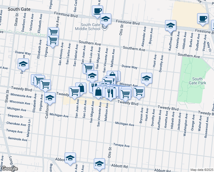 map of restaurants, bars, coffee shops, grocery stores, and more near 9725 Mallison Avenue in South Gate