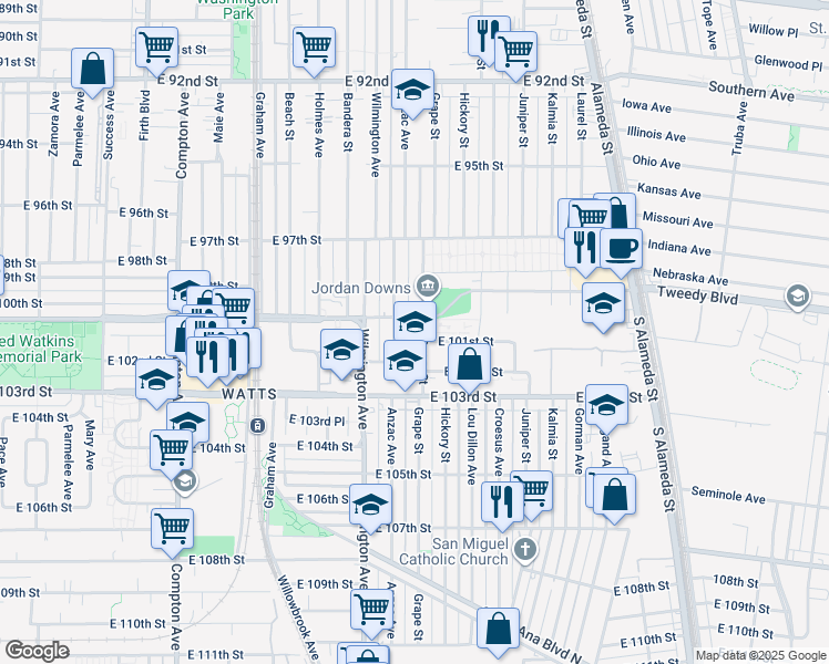 map of restaurants, bars, coffee shops, grocery stores, and more near 10022 Anzac Avenue in Los Angeles