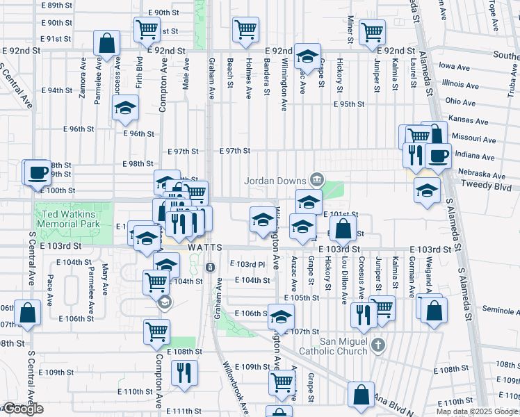 map of restaurants, bars, coffee shops, grocery stores, and more near 10134 1/4 Beach Street in Los Angeles