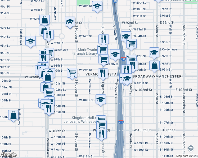 map of restaurants, bars, coffee shops, grocery stores, and more near 539 West 101st Street in Los Angeles