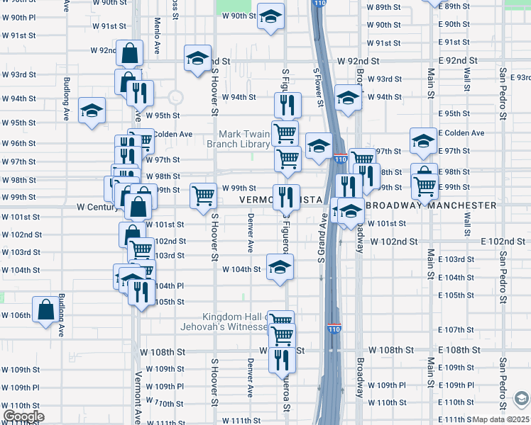 map of restaurants, bars, coffee shops, grocery stores, and more near 539 West 101st Street in Los Angeles
