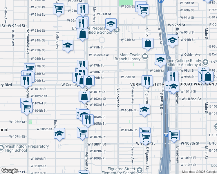 map of restaurants, bars, coffee shops, grocery stores, and more near 745 West 101st Street in Los Angeles