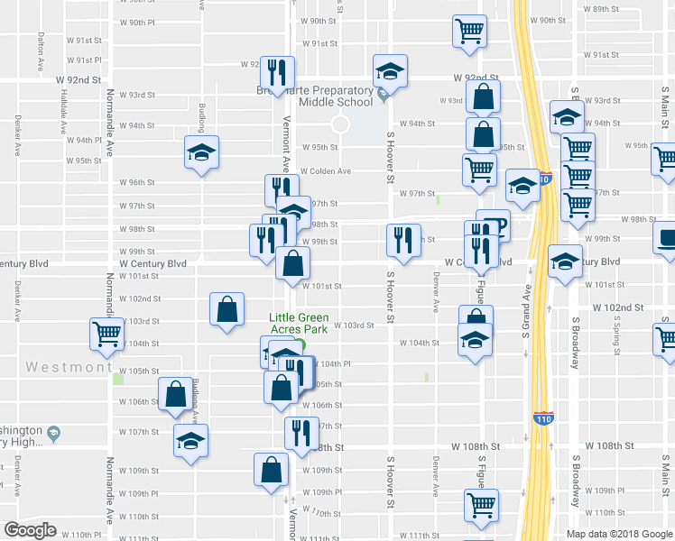 map of restaurants, bars, coffee shops, grocery stores, and more near 817 West 101st Street in Los Angeles