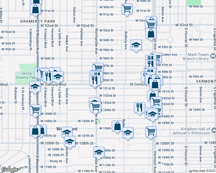 map of restaurants, bars, coffee shops, grocery stores, and more near 1320 West 101st Street in Los Angeles