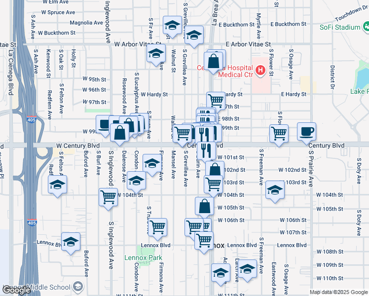 map of restaurants, bars, coffee shops, grocery stores, and more near 10010 South Grevillea Avenue in Inglewood