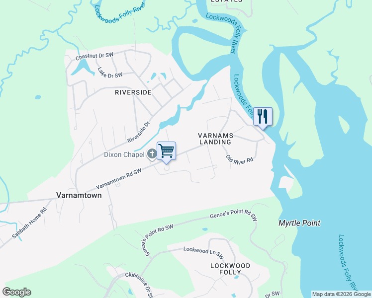 map of restaurants, bars, coffee shops, grocery stores, and more near 140 Varnamtown Road Southwest in Supply