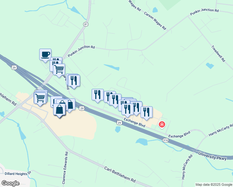 map of restaurants, bars, coffee shops, grocery stores, and more near 384 Exchange Boulevard in Bethlehem
