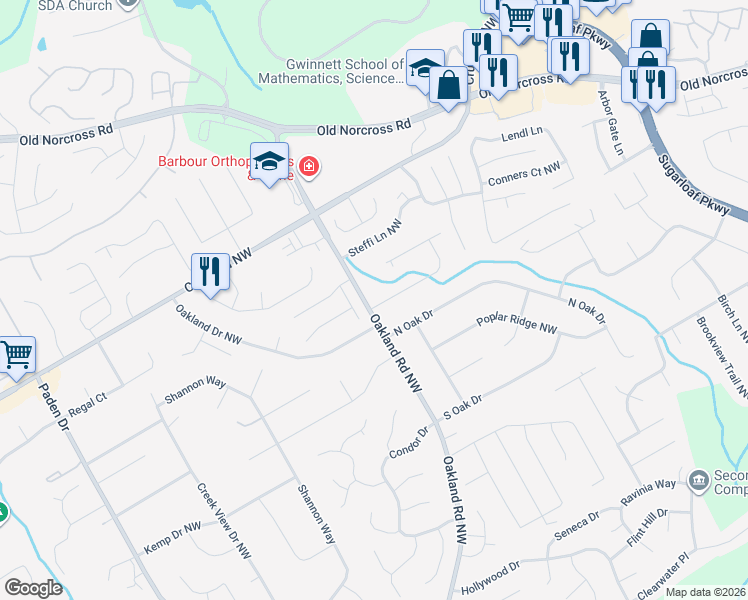 map of restaurants, bars, coffee shops, grocery stores, and more near 2076 Northland Drive Northwest in Lawrenceville