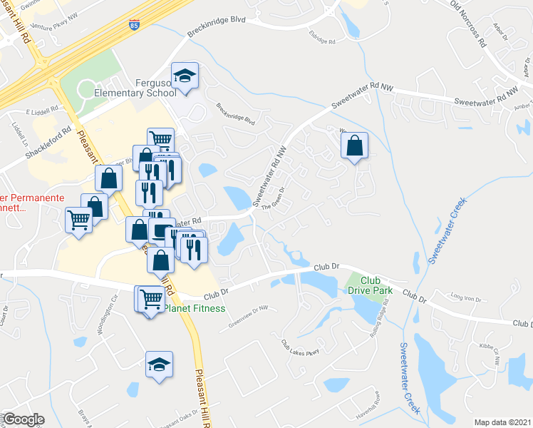map of restaurants, bars, coffee shops, grocery stores, and more near 3400 Sweetwater Road in Lawrenceville