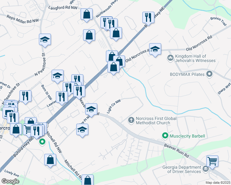 map of restaurants, bars, coffee shops, grocery stores, and more near 5346 Light Circle Northwest in Norcross