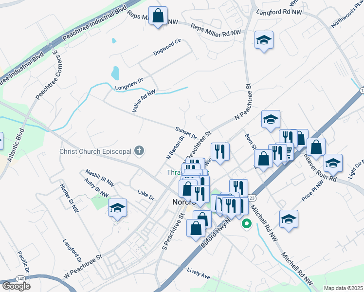 map of restaurants, bars, coffee shops, grocery stores, and more near 126 North Barton Street in Norcross