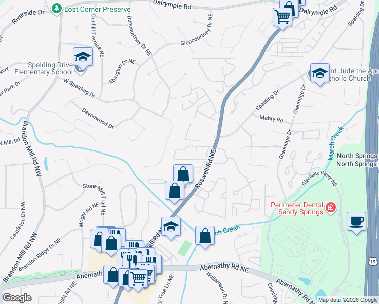 map of restaurants, bars, coffee shops, grocery stores, and more near 6977 Roswell Road in Sandy Springs