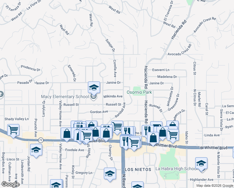 map of restaurants, bars, coffee shops, grocery stores, and more near 9431 Mikinda Avenue in La Habra
