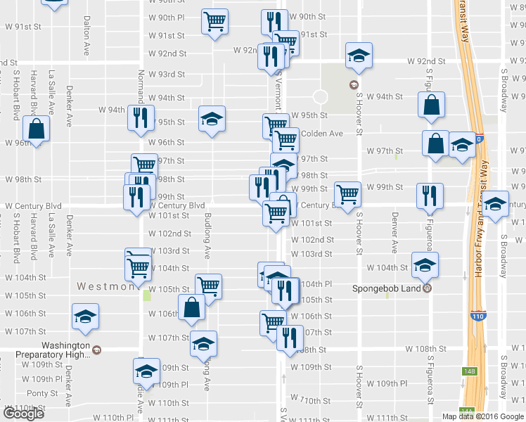 map of restaurants, bars, coffee shops, grocery stores, and more near 1026 West Century Boulevard in Los Angeles
