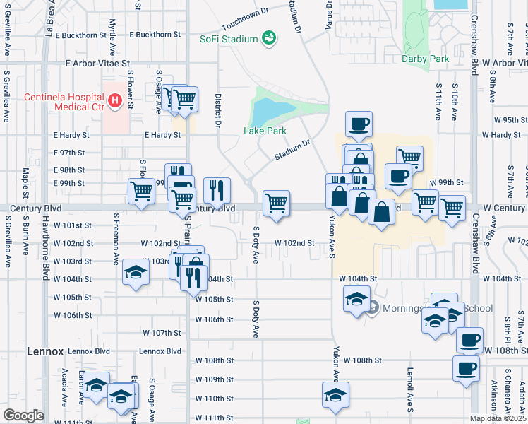 map of restaurants, bars, coffee shops, grocery stores, and more near 3750 West Century Boulevard in Inglewood
